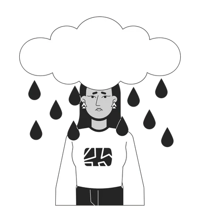 Rain Cloud Above Middle Eastern Woman Head Black And White 2 D Line Cartoon Character Sad Young Female Isolated Vector Outline Person Emotional Expression Monochromatic Flat Spot Illustration Illustration