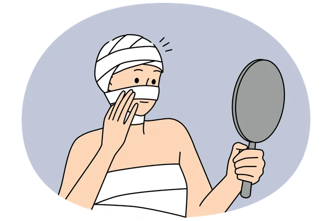 Woman in bandages on head and body look in mirror care about operation recovery  Illustration