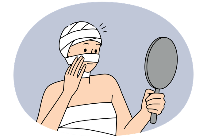 Woman in bandages on head and body look in mirror care about operation recovery  Illustration