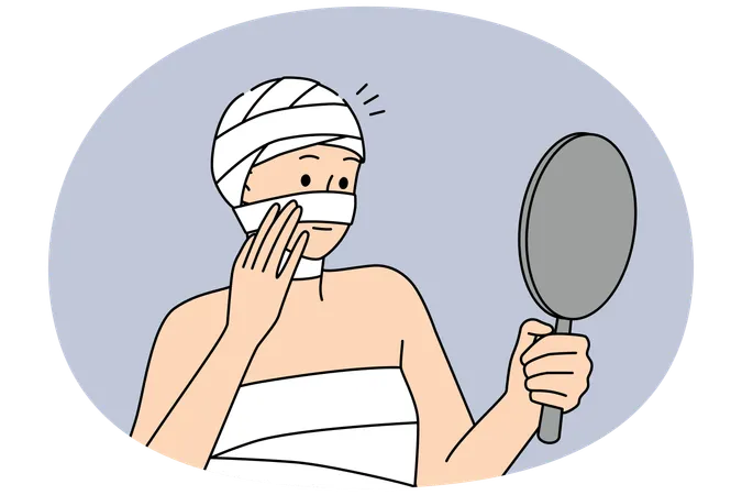 Woman in bandages on head and body look in mirror care about operation recovery  Illustration