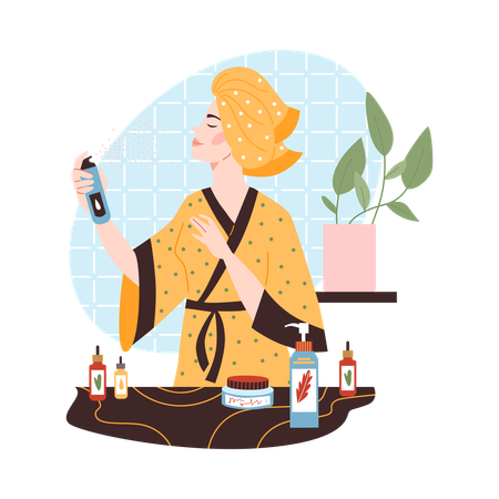Woman in bathrobe and towel applying moisturizer at her bathroom  Illustration