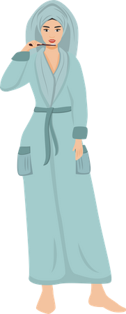 Woman in bathrobe brushing teeth after shower  Illustration