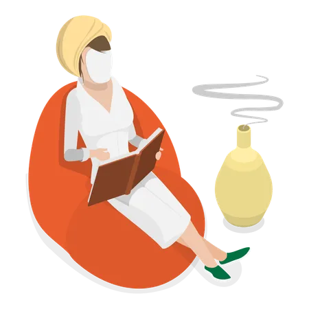 Woman in bathrobe enjoys aromatherapy while lying on couch and reading book  イラスト
