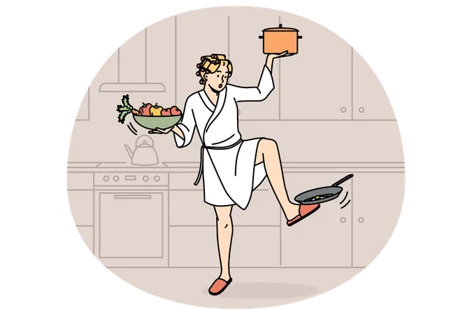 Woman in bathrobe multitask with household chores  Illustration