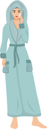 Woman in bathrobe using face toner  Illustration