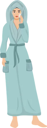 Woman in bathrobe using face toner  Illustration