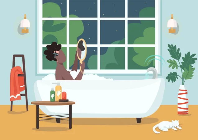 Women Self Care Procedure Flat Color Vector Illustration Woman In Bathtub With Bubbles Nighttime Routine African American Woman 2 D Cartoon Character With Bathroom Interior On Background Illustration