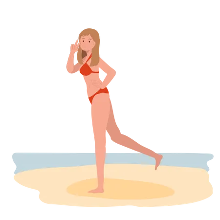 Summer Beach Vacation Theme Happy Girl In Bikini On The Beach Flat Vector Illustration Illustration