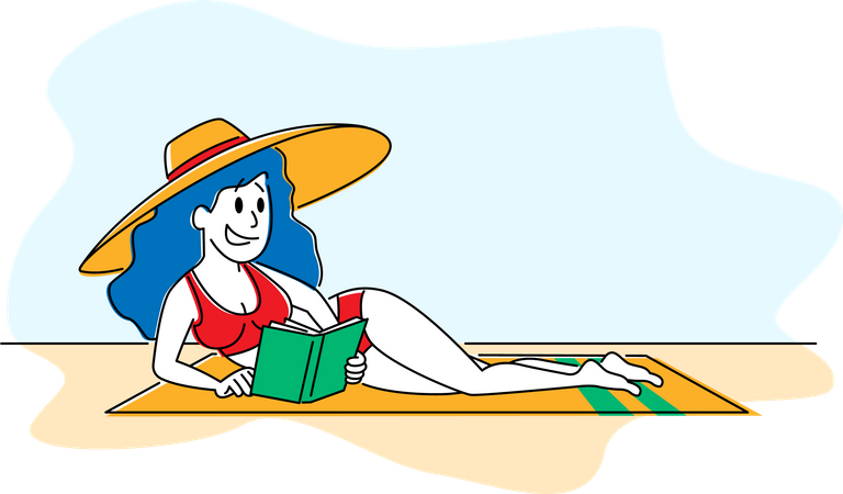 Woman in Bikini and Tropical Hat Lying on Sandy Beach Read Interesting Book  Illustration