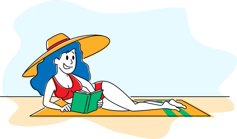 Woman in Bikini and Tropical Hat Lying on Sandy Beach Read Interesting Book  Illustration