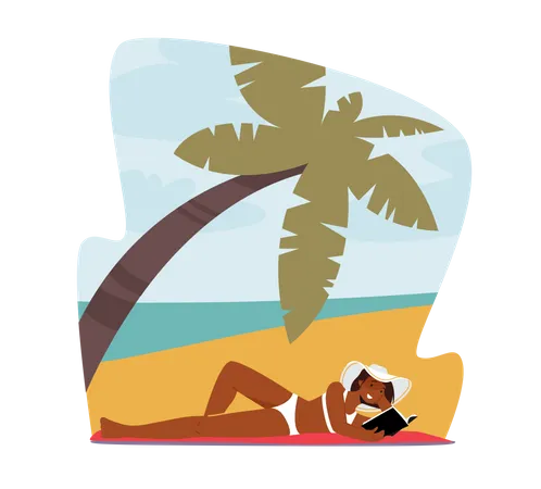 Woman In Bikini And Tropical Hat Lying On Sandy Beach Reading Book Illustration