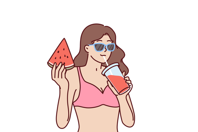 Woman in bikini drinks fruit smoothie and eats watermelon  Illustration
