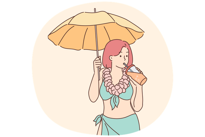 Woman in bikini enjoy cocktail on beach  Illustration
