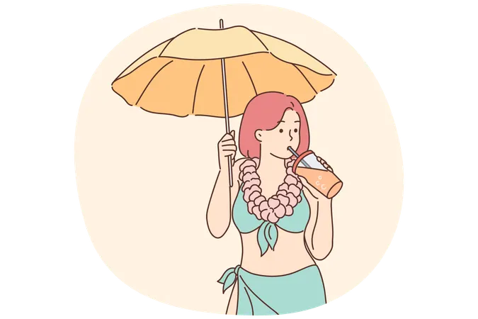 Woman in bikini enjoy cocktail on beach  Illustration
