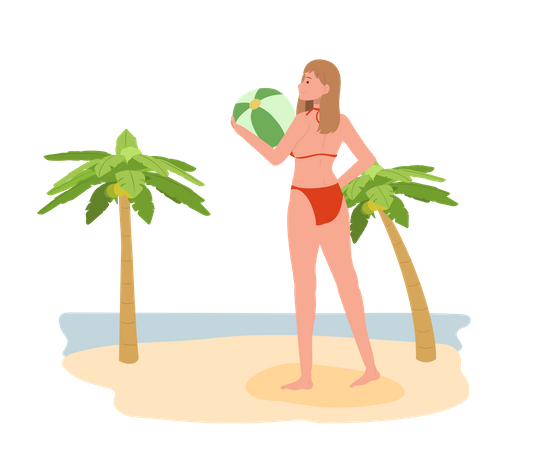 Woman in bikini holding beach ball on the beach  Illustration
