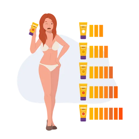 Woman In Bikini Showing Sun Protection Product Sunblock Sunscreen Skin Care Concept Flat Vector Cartoon Character Illustration Illustration