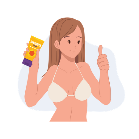 Woman in bikini showing sun protection cream and thumbs up Illustration