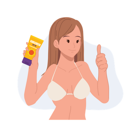 Woman in bikini showing sun protection cream and thumbs up  Illustration