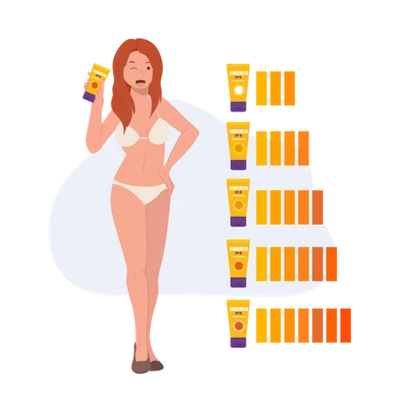 Woman in bikini showing sun protection cream  Illustration