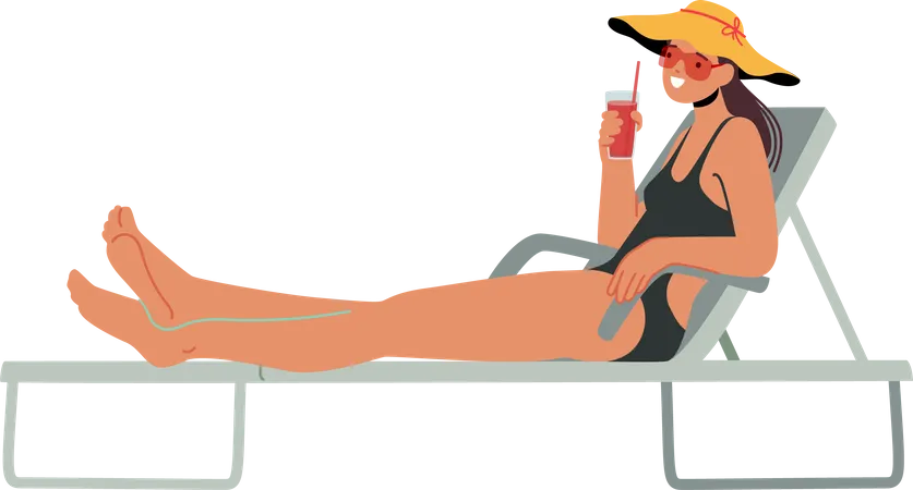Woman In Bikini Sitting On Deck Chair At Poolside Or Beach Drinking Cocktail Female Character Spend Time Outdoor On Exotic Resort Girl Enjoying Spare Time Relax Cartoon Vector Illustration Illustration