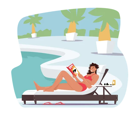Woman in Bikini Sitting on Deck Chair at Poolside or Beach Read Interesting Book Illustration