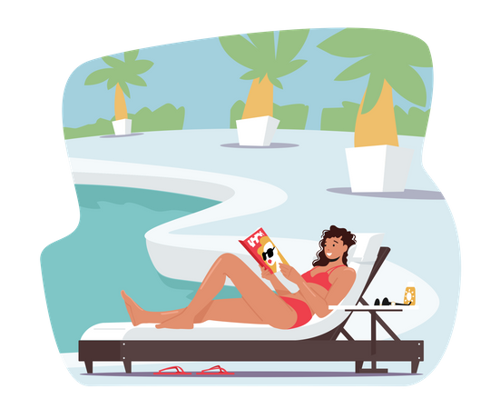 Woman in Bikini Sitting on Deck Chair at Poolside or Beach Read Interesting Book  Illustration