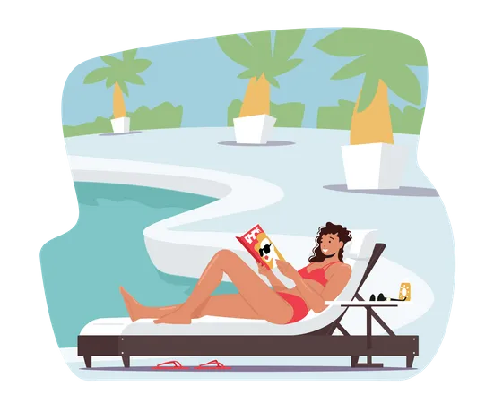 Woman in Bikini Sitting on Deck Chair at Poolside or Beach Read Interesting Book  Illustration