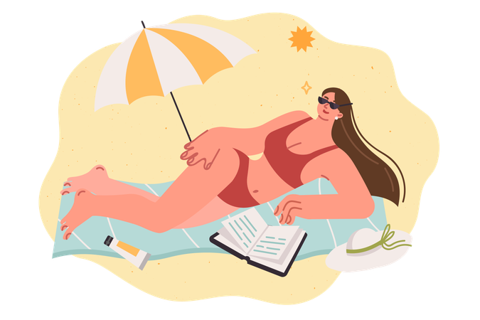 Woman in bikini sunbathes on beach and reads book while lying at sunny resort  Illustration