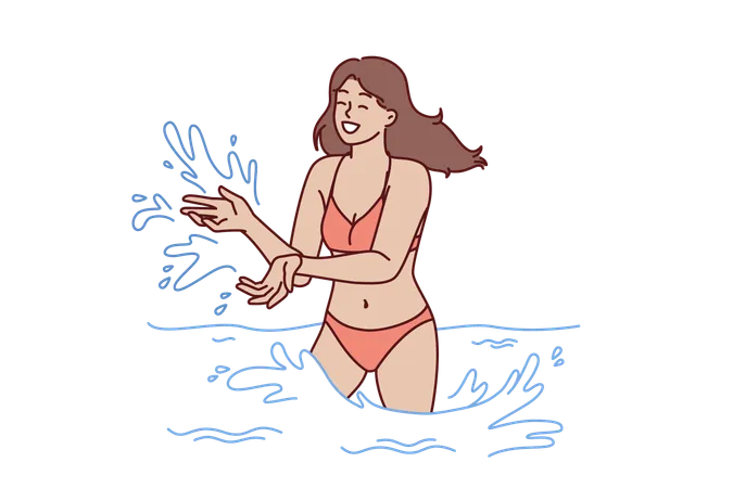 Woman In Bikini Swims In Sea And Splashes With Water Enjoying Summer Travel Or Trip To Aquapark Happy Girl In Swimsuit Stands Knee Deep In Sea During Vacation On Tropical Island With Hot Climate Illustration