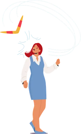 Woman In  Blue Dress Looks Surprised As She Catches Boomerang In Motion  Illustration