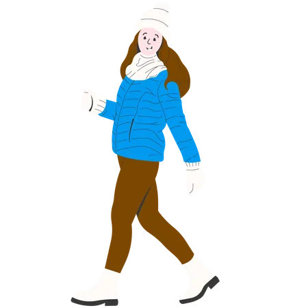 Woman in blue jacket strolling in winter  Illustration