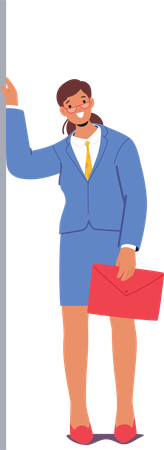 Woman In Blue Workwear Leaning Against Wall While Holding Red Briefcase  Illustration