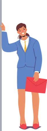 Woman In Blue Workwear Leaning Against Wall While Holding Red Briefcase  Illustration