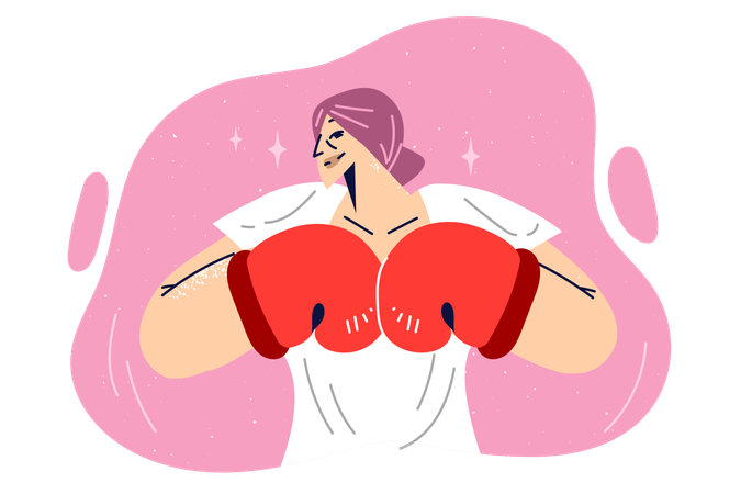 Woman in boxing gloves threateningly connects fists to cause fear or challenge opponent to fight  Illustration