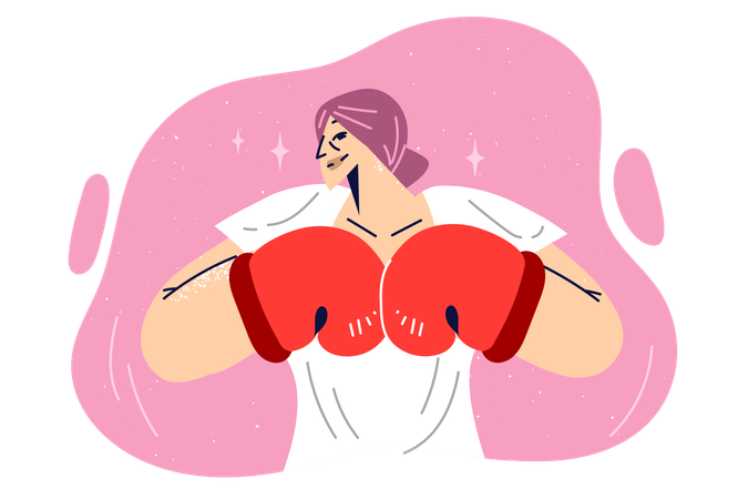 Woman in boxing gloves threateningly connects fists to cause fear or challenge opponent to fight  일러스트레이션