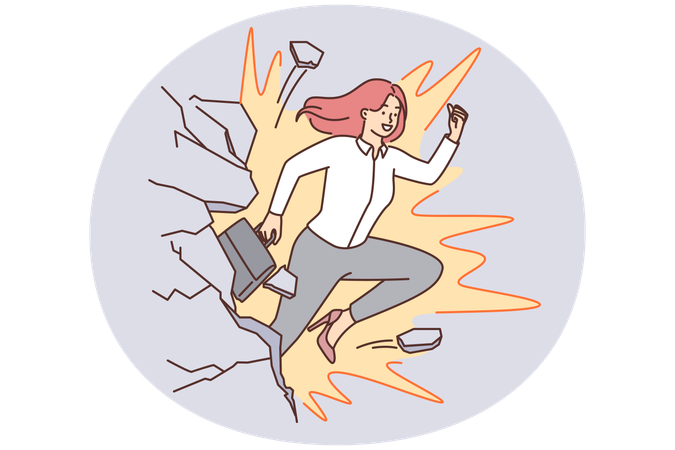 Woman in business attire breaks through concrete wall and goes ahead to achieve career goals  Illustration