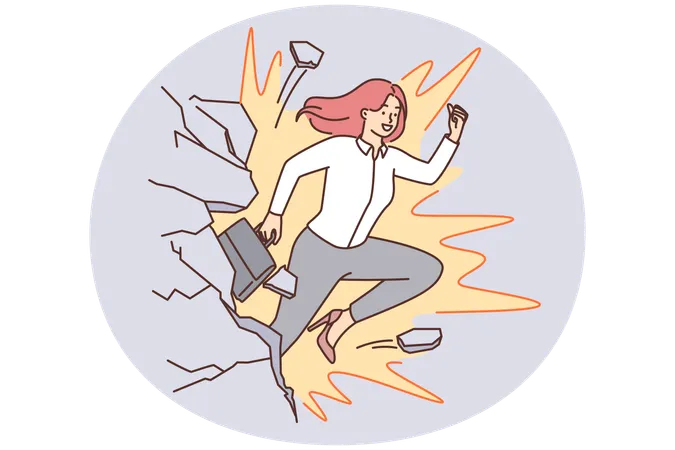 Woman in business attire breaks through concrete wall and goes ahead to achieve career goals  Illustration