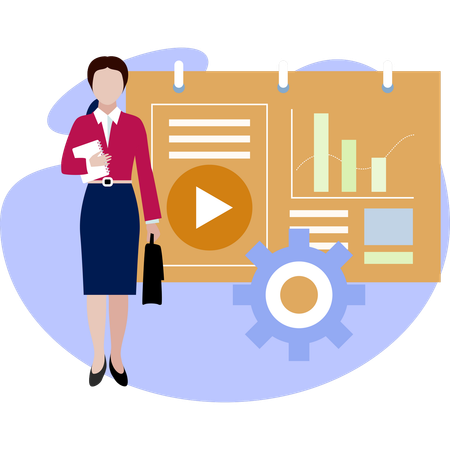 Woman in business attire stands beside a video screen appearing engaged and professional  Illustration