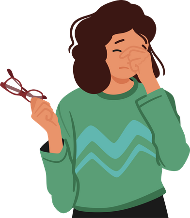 Woman In Casual Attire Holds Glasses In One Hand While Rubbing Her Tired Eyes  Illustration