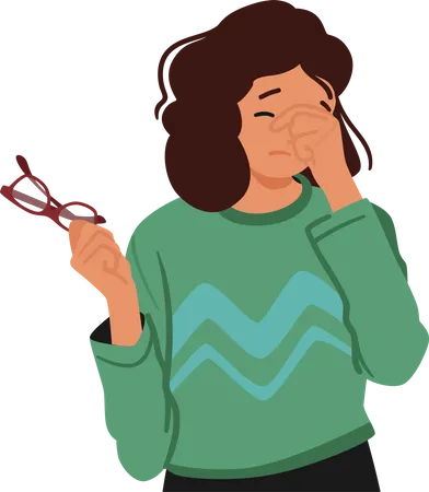 Woman In Casual Attire Holds Glasses In One Hand While Rubbing Her Tired Eyes  Illustration