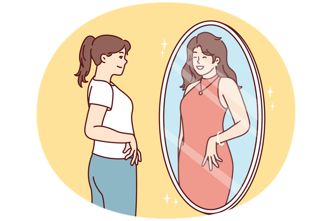 Woman in casual clothes looks in mirror and sees in reflection girl in evening dress  Illustration