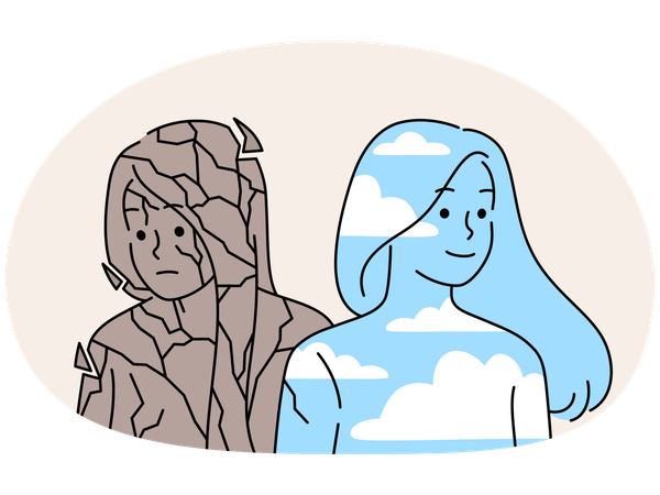 Woman in clouds and broken stone  Illustration