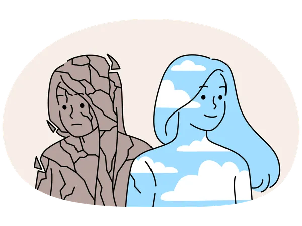 Woman in clouds and broken stone  Illustration