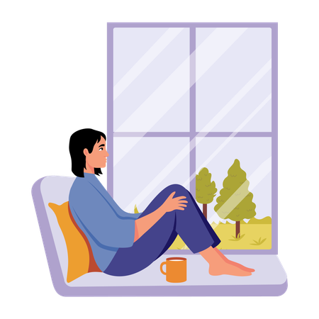 Woman in deep thought sitting at home near balcony  Illustration