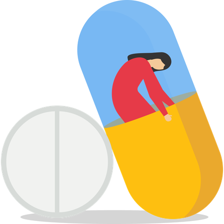 Woman in depression drowning in medications sitting inside capsule  Illustration