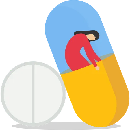 Woman in depression drowning in medications sitting inside capsule  Illustration