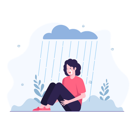 Woman in depression sitting in the rain  Illustration