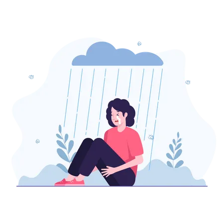 Illustration Of Woman In Depression Sitting In The Rain Illustration