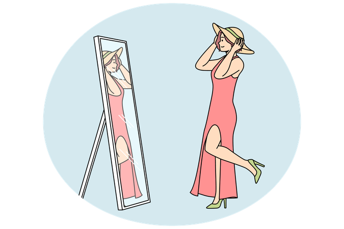 Woman in dress in front of mirror  Illustration