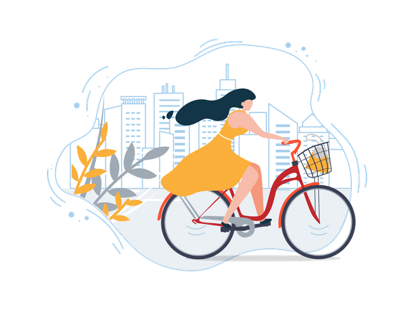Woman in Dress Ride Bike City Street Illustration